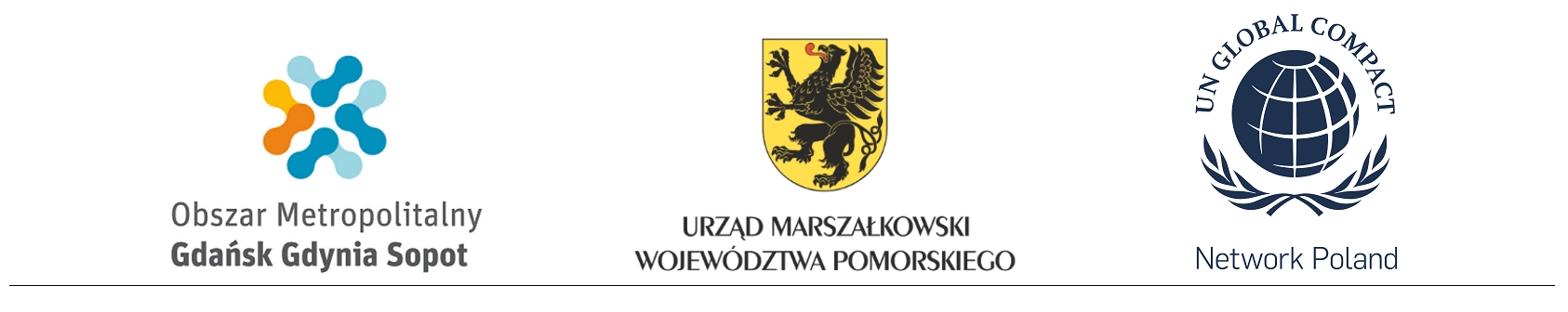 Logotyp Gdańska, Urzędu Marszałkowskiego Województwa Pomorskiego oraz firmy Global Compact